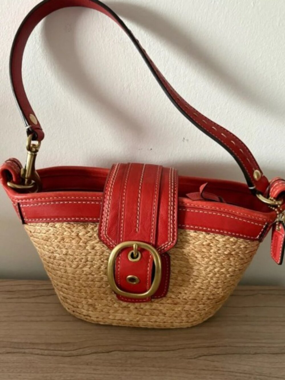 🚨🚨Coach mini straw & leather bag rare size F41248